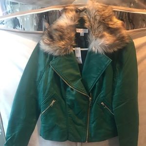Nwt green fur New York and company Moto jacket